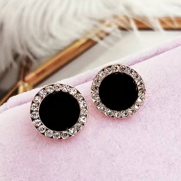 Rhinestone Round Black Earrings - Picture 2 of 4